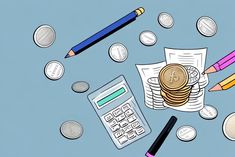 A stack of coins with a calculator and a pen on top