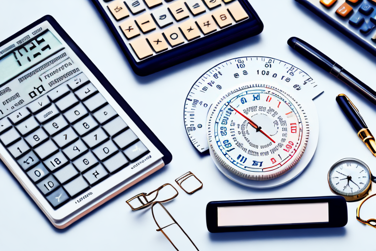 A stopwatch surrounded by various tax-related items like a calculator